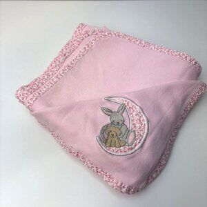 Carters Pink Baby Blanket With Bunny & Moon Embroidery Floral Trim 30"x30" Soft